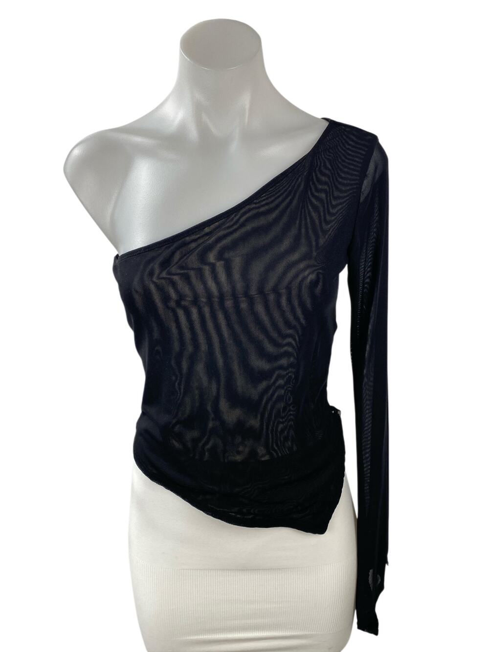 Silence & Noise Black Mesh Asymmetical One Shoulder Long Sleeve Blouse Top Sz S